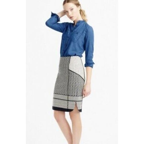 J Crew Size 00 Lux Paneled Black Cream Geometric Jacquard Pencil Skirt Cotton - Picture 13 of 13